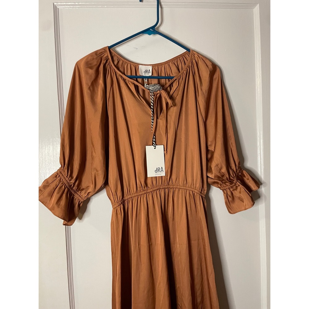 dRA Los Angeles Copper Satin Tie‎ Neck Midi Dress Elastic Waist Ruffle Sleeve